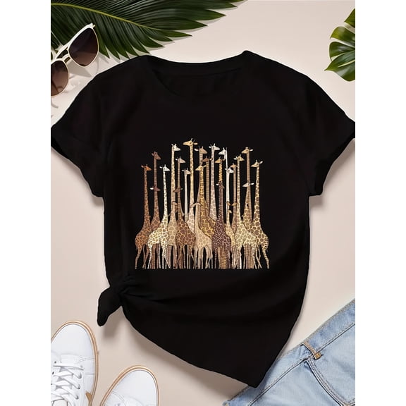 Retro Giraffe Graphic Tee - Cute Safari Animal Print T-Shirt for Women - Artistic Wildlife Nature Lover Top - Casual Short Sleeve Black Shirt