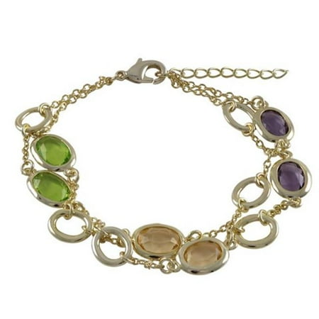 Gai 9.5 Gem (Dlux Jewels 7.25 in. Multi Color Faceted Glass 8.9 x 10.9 mm Ovals & Gold Open 7.9 x 9.5 mm Ovals Alternating Gold Plated Brass Chain with Two Row)