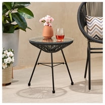 Rattan Side Table, Outdoor Patio Small Accent Table with Tempered Glass Top, Modern Round Coffee Table for Balcony, Garden, Living Room - 17.75"W x 18"H Black   Tempered Glass