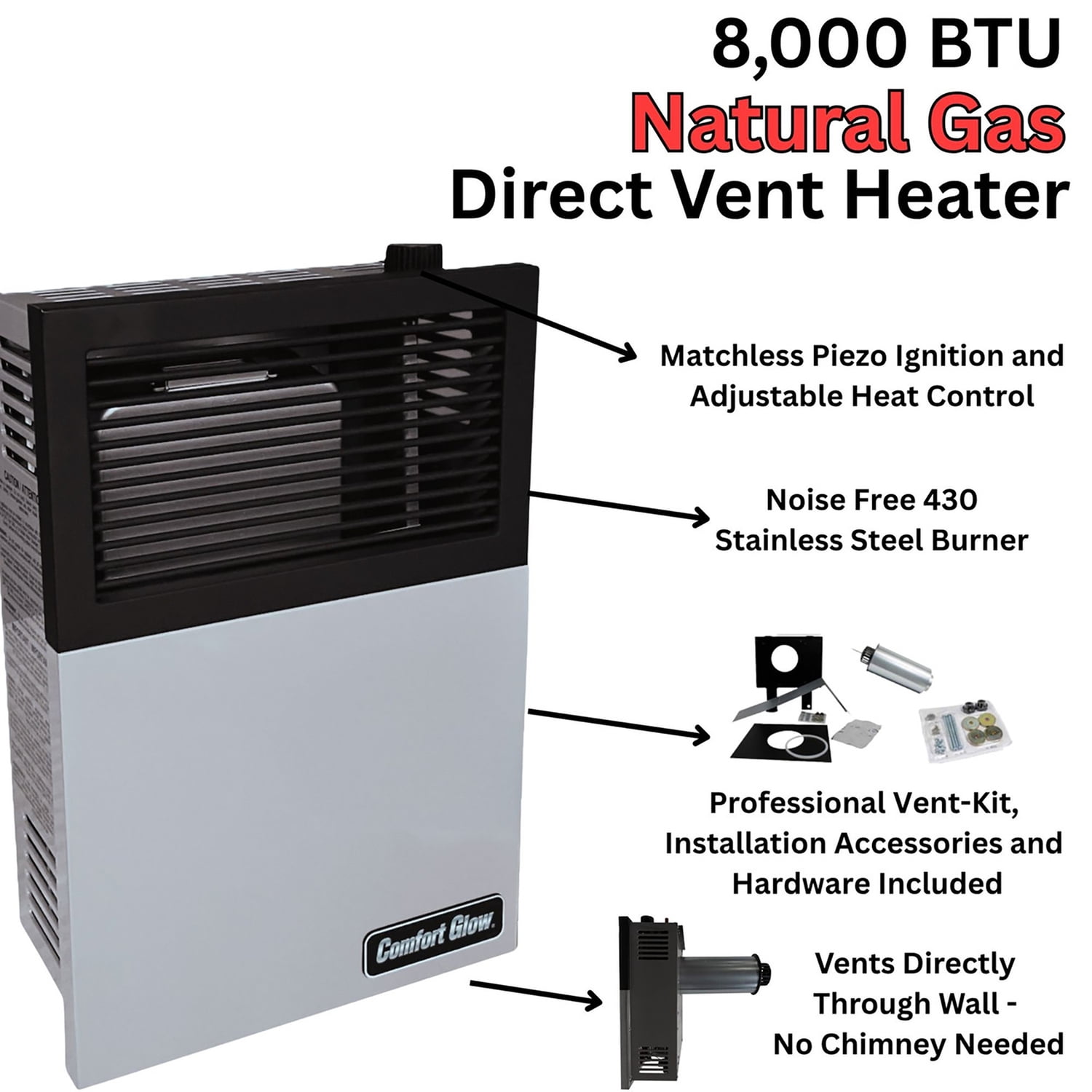 Comfort Glow 8,000 BTU Direct-Vent Natural Gas Wall Heater with Vent Kit, Matchless Piezo Ignition with Adjustable Heat Control, 250 Sq. Ft, DVN08