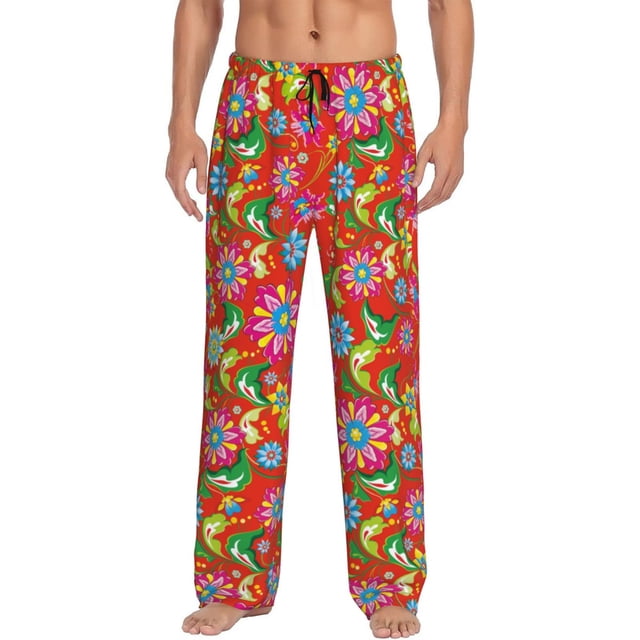 Fotbe Vector Mexican Otomi Style Bright Pantalones de Pijama para Hombre, Pantalones de Dormir, Pantalones de Casa con Cintura Ajustable y Bolsillos-Large