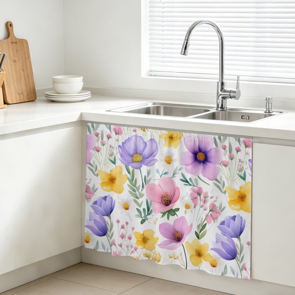 Colorful Flowers Cabinet Curtain, Spring Plant Sink Skirt for Bathroom, Under Sink shelf Curtain Privacy Drape for Kitchen Laundry Room 10x11in