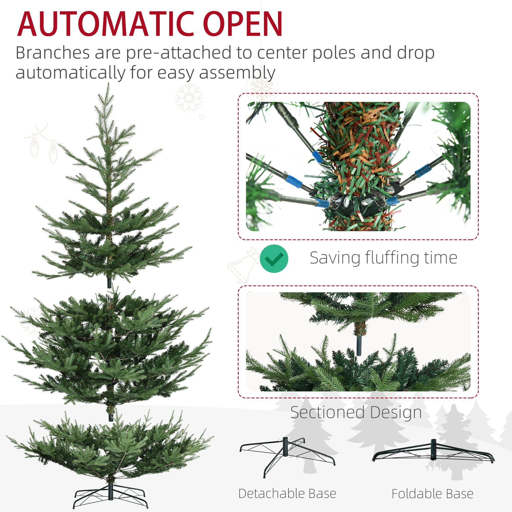 9 ft Artificial Christmas Tree, Pine Hinged Xmas Tree with 1939 Realistic Branches, Steel Base, Auto Open, 59.1 in Diameter, 106.3 in Height, Indoor Use