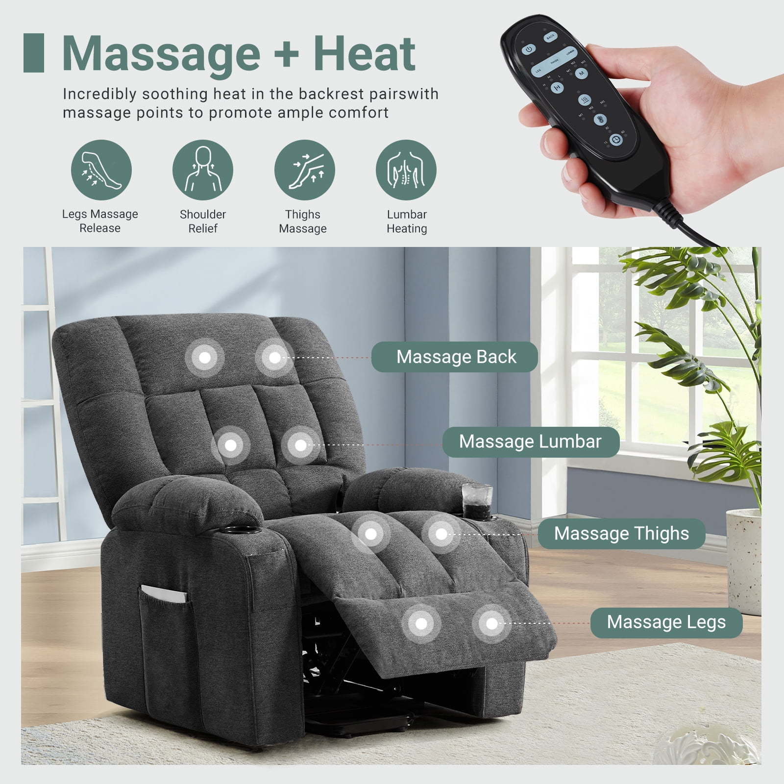 GIANNA Lift Recliner Chair for Elderly, With Massage and Heating, Lumbar Support, Remote Control, Gray