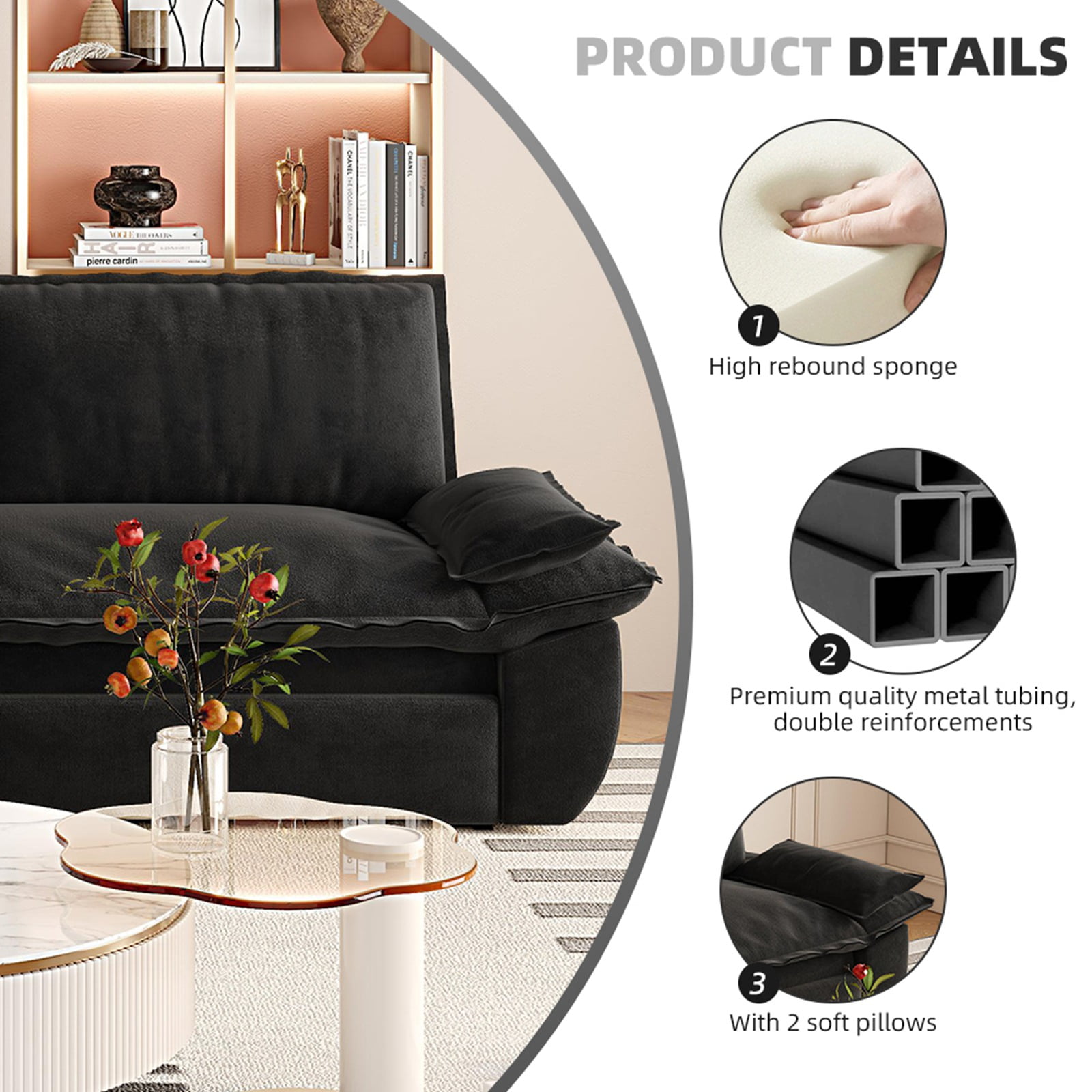 73.2" Futon Sofa Bed Queen Size, Pull Out Bed, 3-in-1 Convertible Sleeper Sofa with 2 Soft Pillows, Modern Velvet Futon Couch for Living Room, Small Space, Apartment, Bedroom, Black