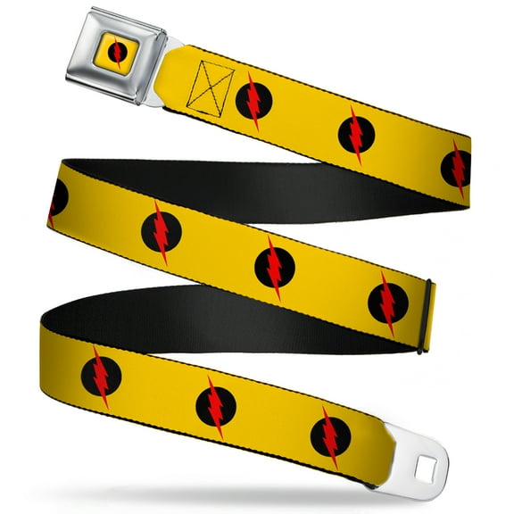 DC Comics Belt, Seatbelt Buckle Belt, Reverse Flash Logo Golden Yellow Black Red, Youth 22 to 32 Inches