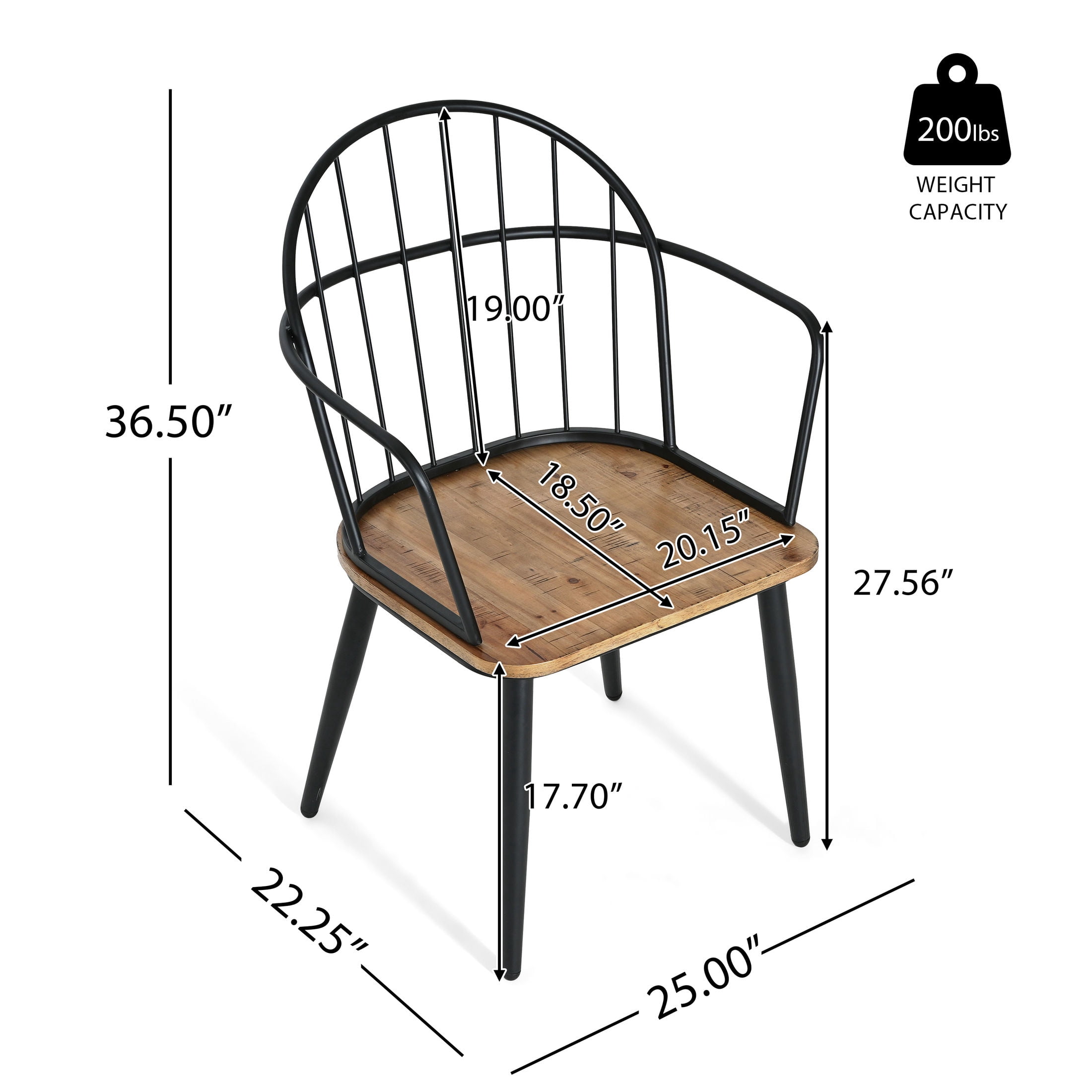Industrial Dining Chairs with Arched Back, Wooden Seat, Matte Black Iron Base, Set of 6