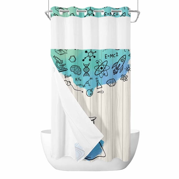 No Hook Teal Blue Science Shower Curtain with Snap in Liner Set, Funny Cartoon Artwork Wood Grain Waterproof Fabric Bathroom Curtains with See Through Top Window, Hotel Style Stall 54 x 78 Inch