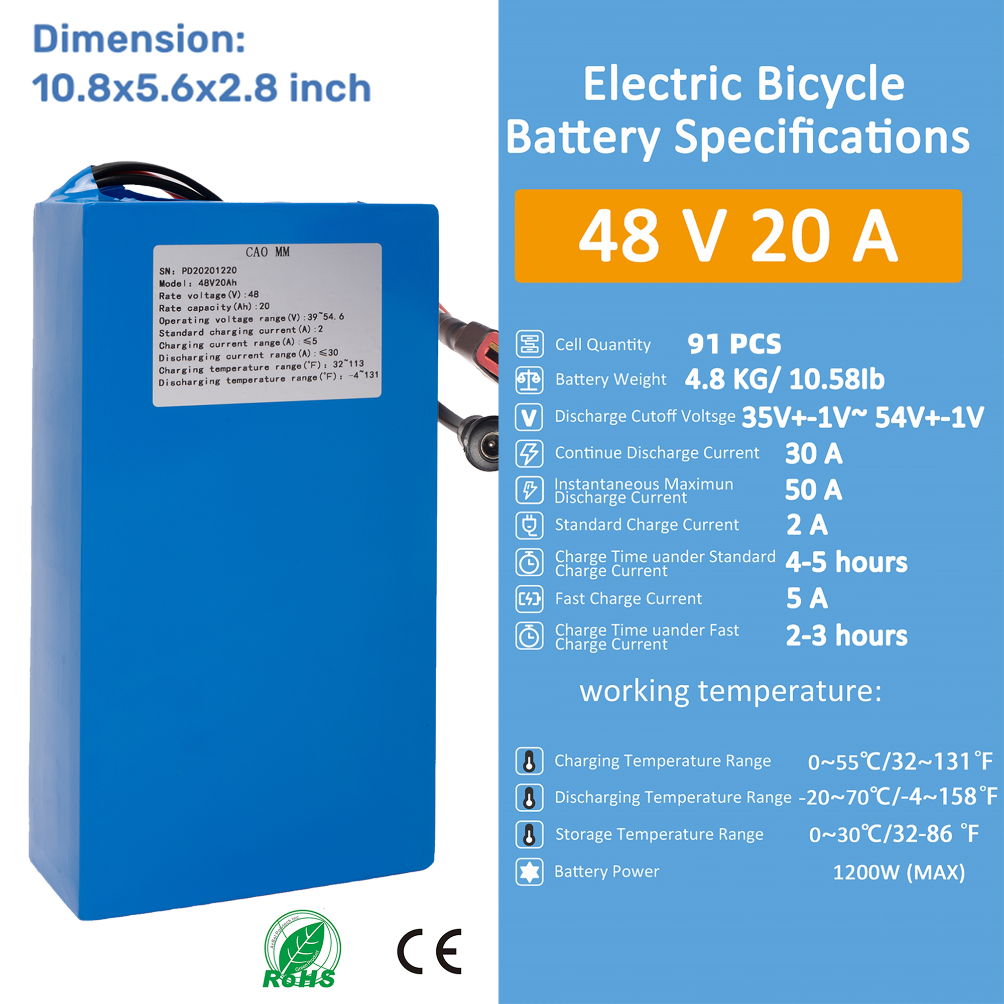 48V Battery 48V 20AH Ebike Battery with Charger 1200W Lithium Battery for Electric Bike Scooter