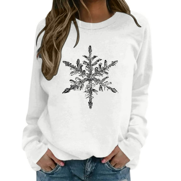 Christmas Crewneck Sweatshirts for Women Cute Snowflakes Graphic Printed Hoodless Top X-Mas Holiday Festival Long Sleeve Pullover Tops Casual Workout Outfits White XL