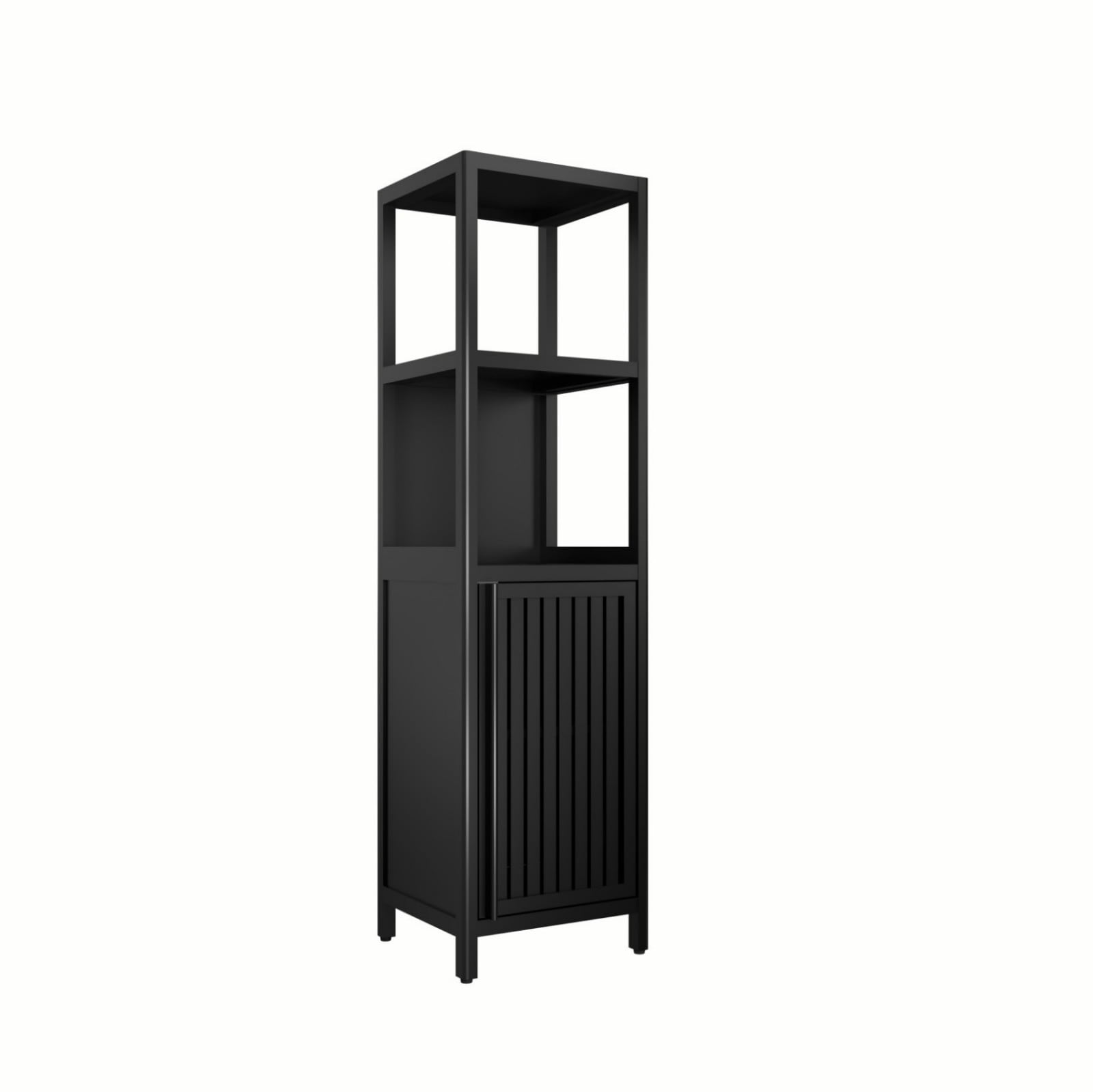 52" Bamboo Linen Tower Storage Cabinet, Bathroom Organizer with Doors & Open Shelves, Narrow Space-Saving Tall Cabinet, Black