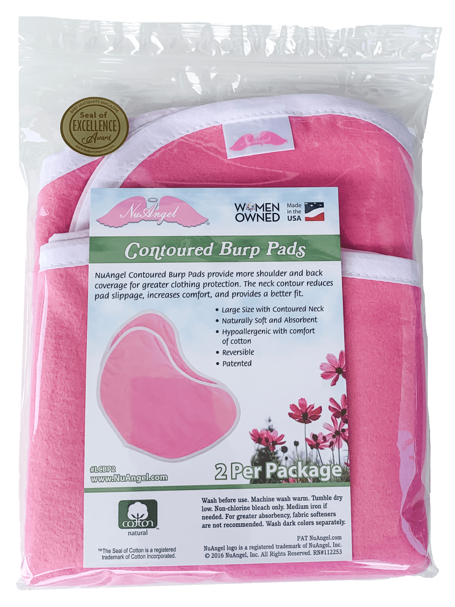 NuAngel 100% Cotton Large Contoured Burp Pads - Pink - 2 count, girl