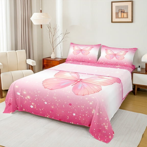 Homewish Flying Butterfly 3pcs Twin Sheet Sets For Children Teens Female,Stars Bling Glitter Twin Fitted Sheet,Gradient Ombre Pink Breathable Flat Sheet,Microfiber Bedroom Decor