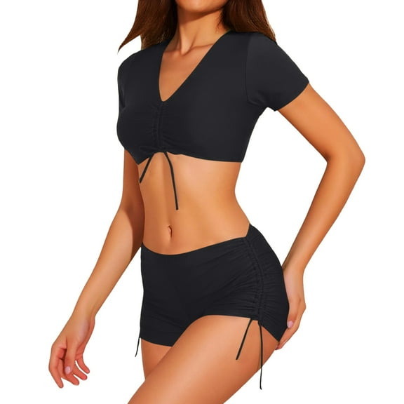 MIXUE Swim Suits for Women Summer Solid Color V Neck Tie Front Short Sleeve Camisole And Panty Two Piece Tankini Set Swimwears Activewear,Black,XL