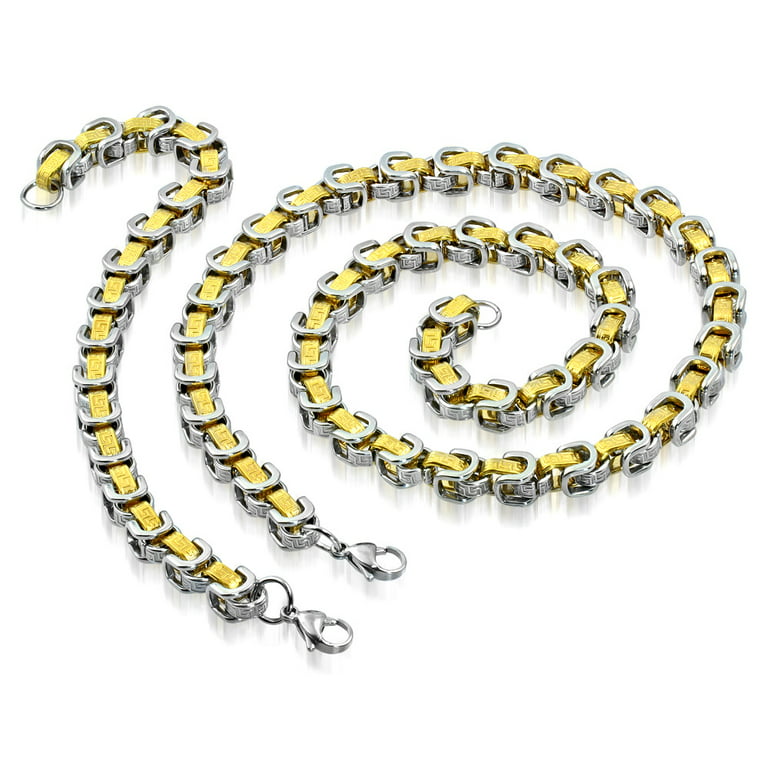 Stainless Steel Silver-Tone Yellow Gold-Tone Greek Key Necklace Bracelet  Mens Jewelry Set 