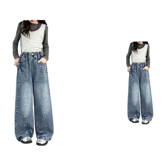 Girls Wide Leg Pants with Rhinestone Bead Embellishments – Elastic Waist Flowy Long Trousers with Pockets for & Big Kids