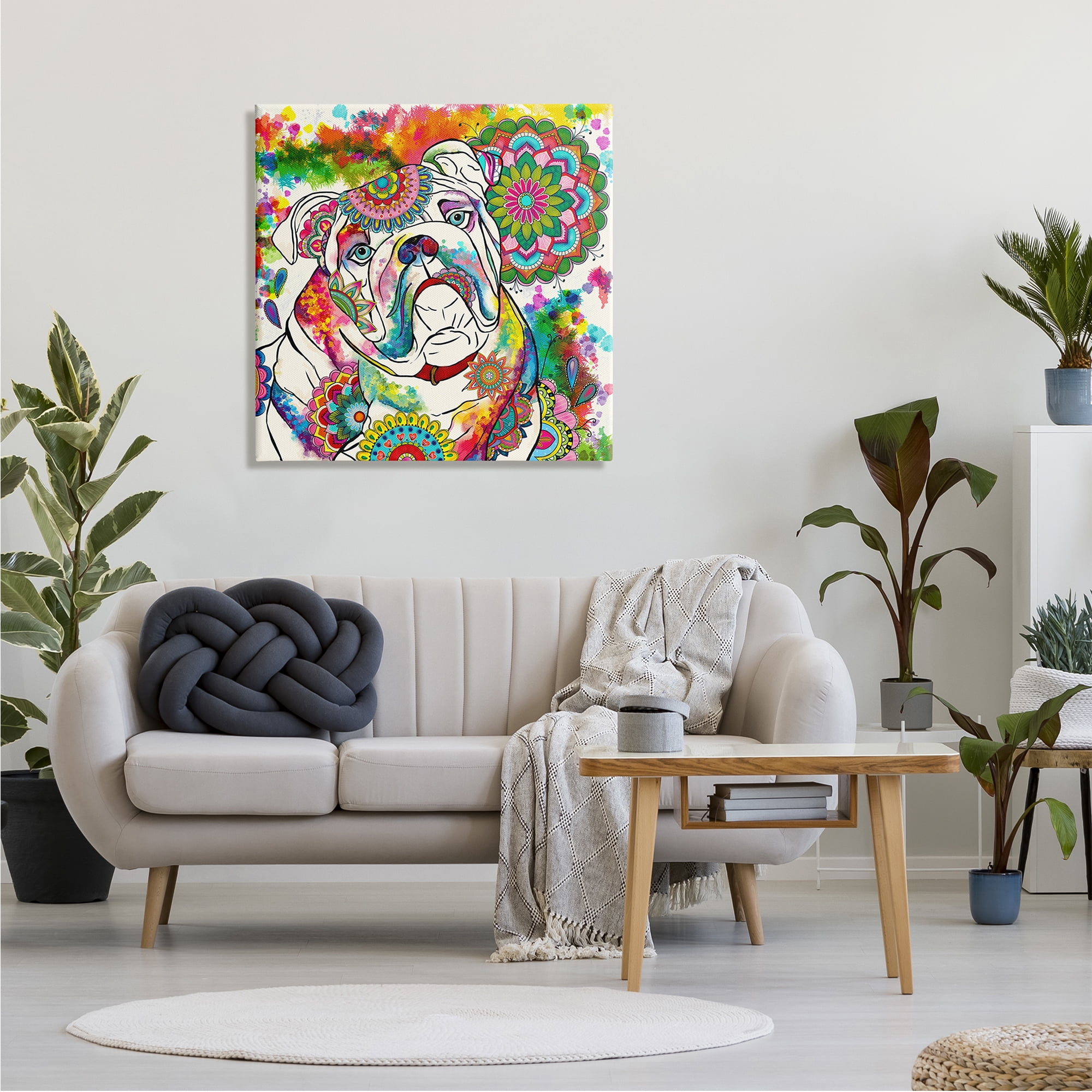 Stupell Industries Pet Bulldog Portrait Vibrant Medallion Boho Pattern, 30 x 30,Design by Sangita Bachelet