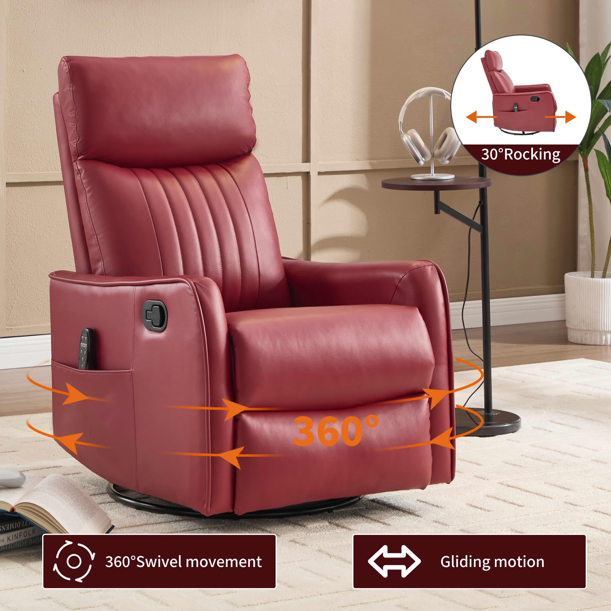 MAYEERTY Red Faux Leather Heat Massage Recliner Chair, 360° Swivel Rocker 26"x35"x39" for Living Room