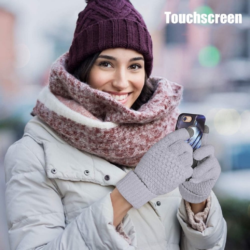 2 Pairs Women Touchscreen Gloves Winter Warm Fleece Lined Knit Gloves Elastic Cuff Winter Texting Gloves Gifts