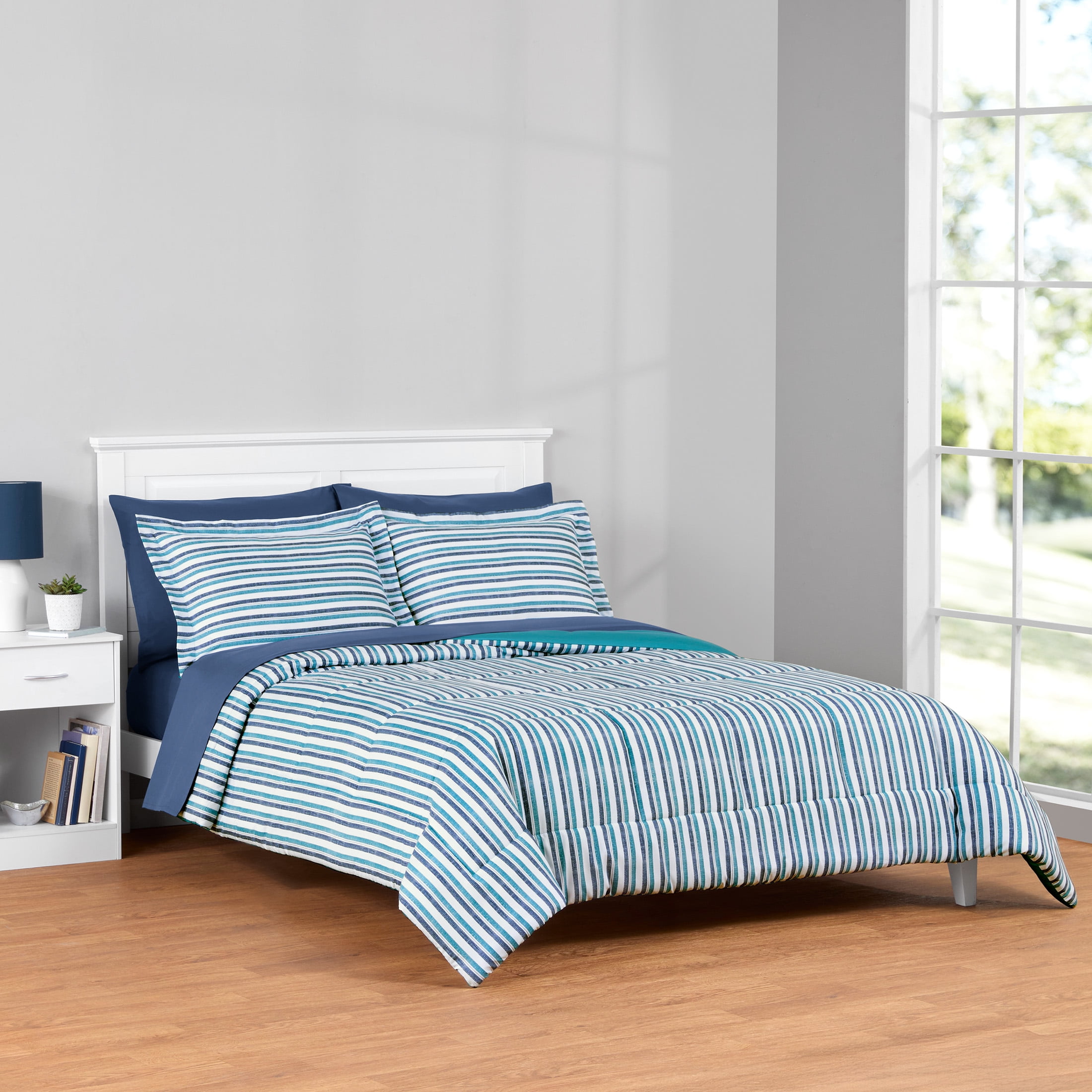 Mainstays All in One Reversible Comforter and Sheet Set- 7 Piece, King, Blue Pinstripe