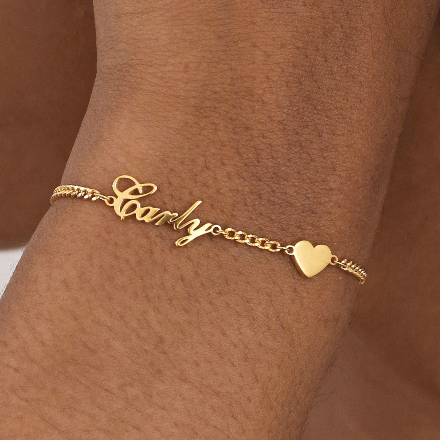 Custom Cursive Name Solid Heart Charm Chain Bracelet For Men Women, 14K Gold Filled Artisan Crafted Jewelry