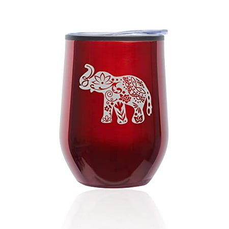 

Stemless Wine Tumbler Coffee Travel Mug Glass with Lid Cute Elephant (Red)