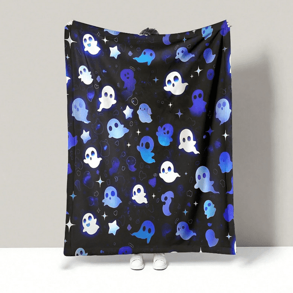 Blue ghost Halloween theme flannel blanket, soft, warm and comfortable, suitable for living room, bedroom, travel and camping(30*40IN)