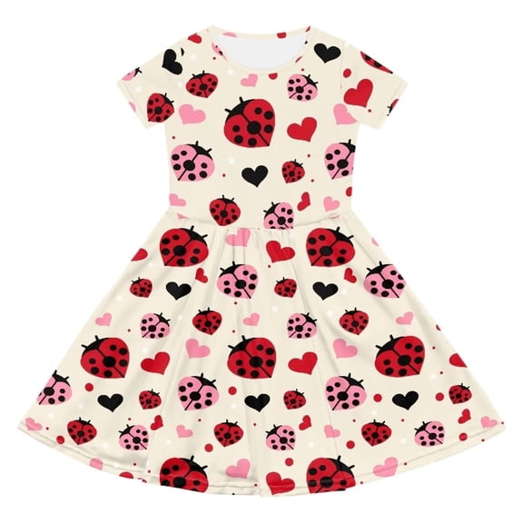 Shinyii Girls Ladybug Print Short Sleeve Dresses Summer Casual A Line Dress, Sizes 4-14