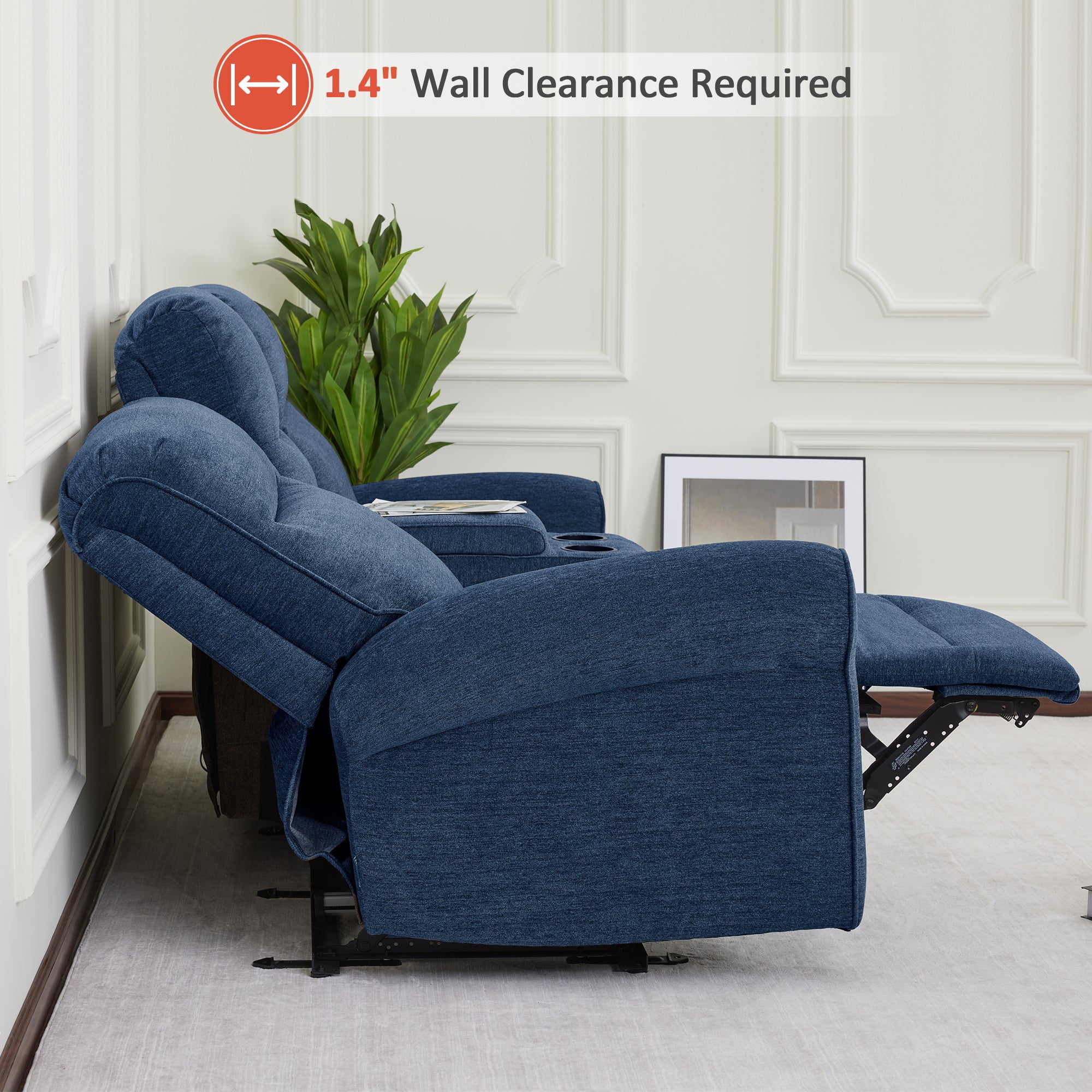 MCombo 78.3" Wall Hugger Power Loveseat Recliner Sofa with Console, Reclining Loveseat with USB Ports, Cup Holders, for Small Spaces Living Room RV, Fabric PR635M2 (Navy Blue)