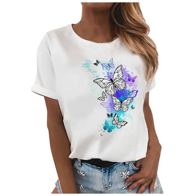 Gibobby Camisetas Mujer Baratas Manga Corta Mujer Top Butterfly imprimir O cuello manga corta suelto Casual Top(Blanco,XL)