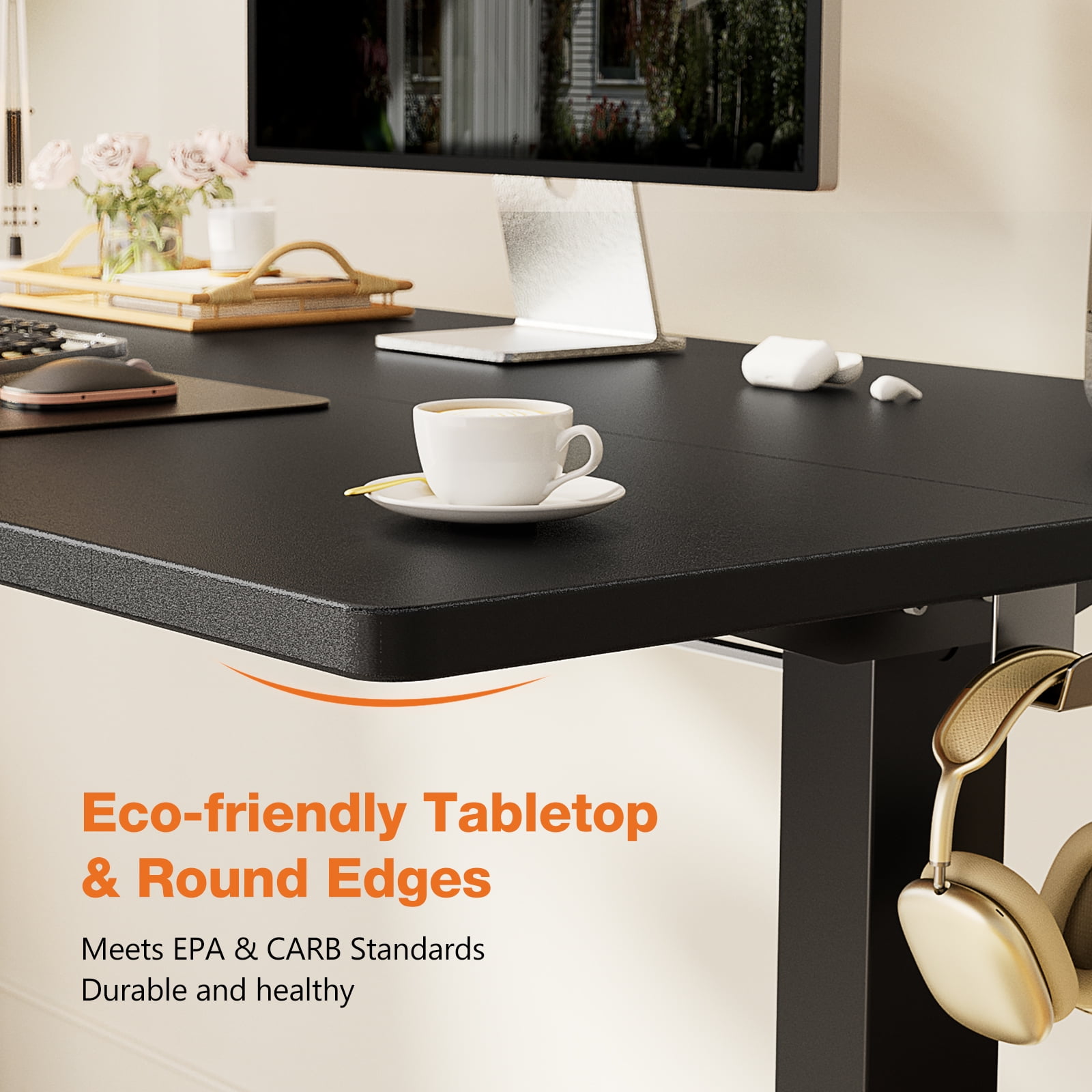 CONCETTA Electric Adjustable Height Standing Desk - 48 x 24 inch Sit to Stand Up Desk with Splice Board, Rising Home Office Computer Table with 2 Hook and Wire Hole for Work, Black