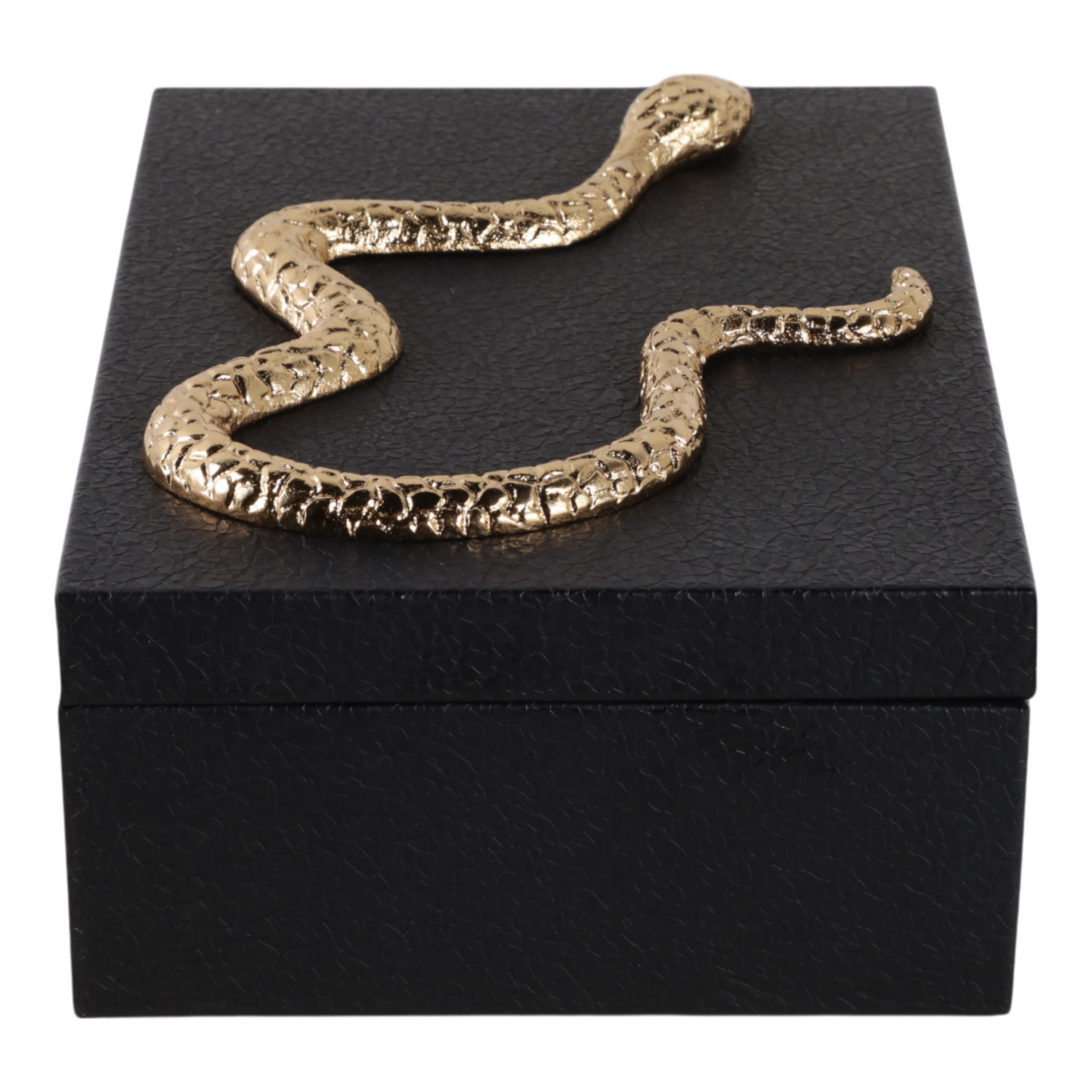 Faux Leather Decorative Box with Snake Accent for Home Decor - Modern Decor Box and Jewelry Keepsake with Lid for Bedroom Vanity - Storage Organizer for Bathroom Counter - 5", Black & Gold