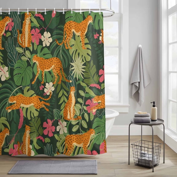 Bathroom Shower Curtain Tropical Leopard Green Leaf Waterproof Shower Curtains with Hooks, Animal Plant Flower Theme Bath Curtains Bathtub Curtain Home Decor 36x72in