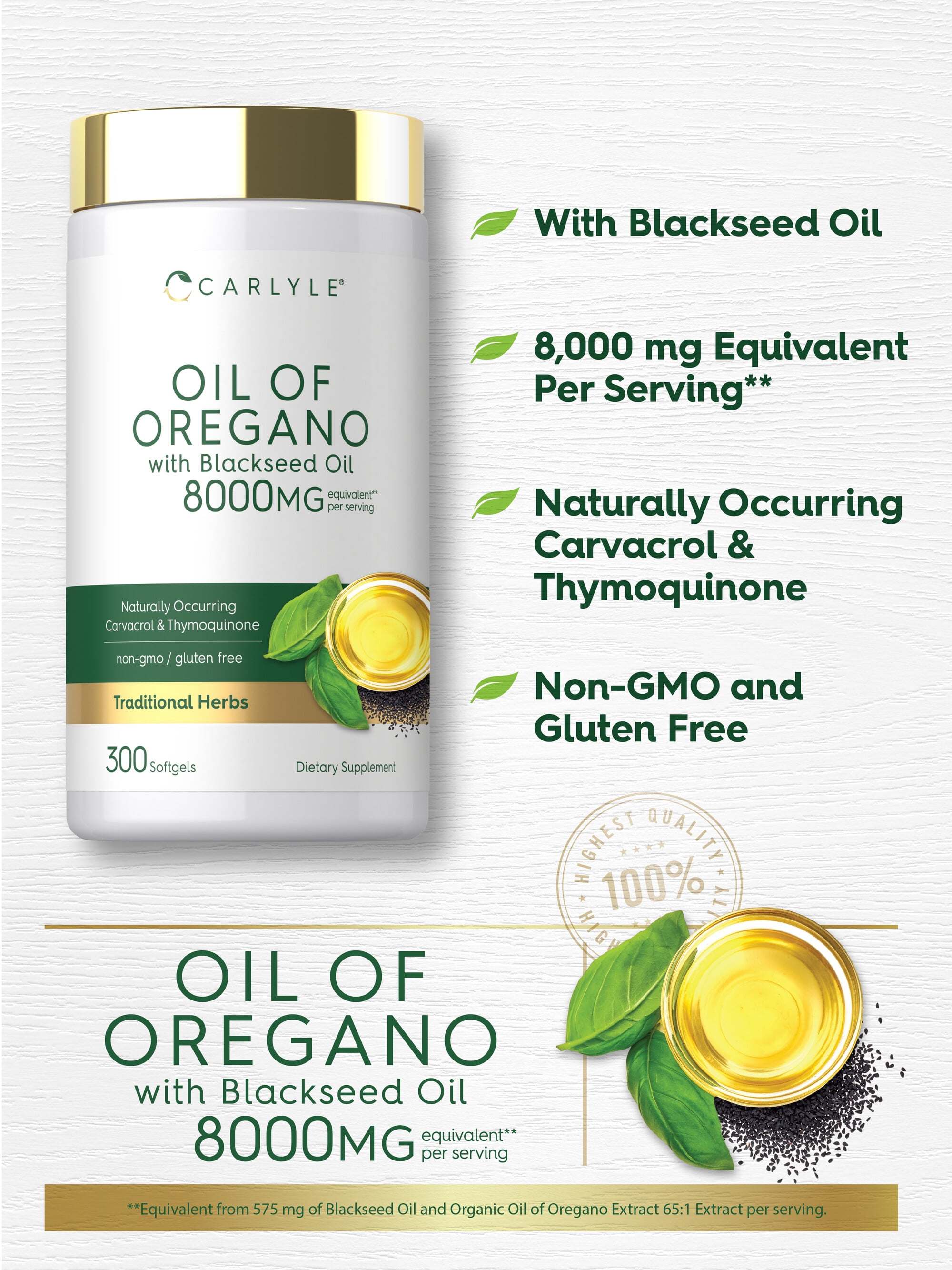 Oil of Oregano with Black Seed Oil | 8000mg | 300 Softgel Capsules | by Carlyle