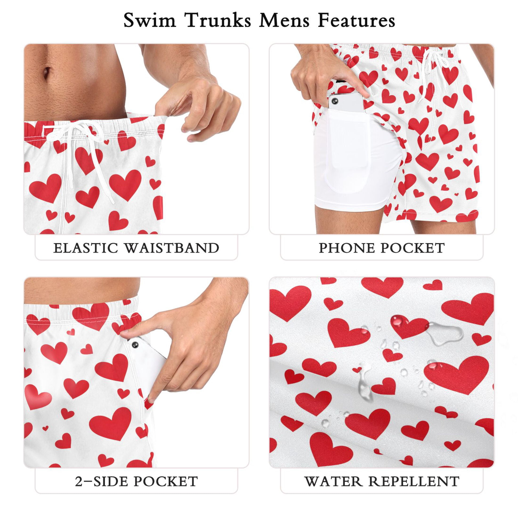 joogoo Men's Red Hearts Swim Trunks with Liner Pocket Beach Shorts M