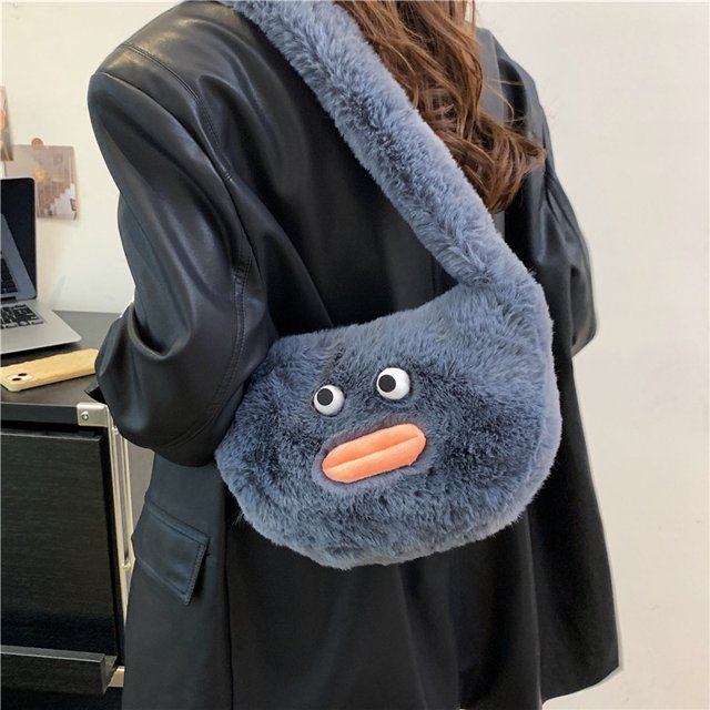 Bolso mujer invierno mullido hombro felpa axila bolso lindo Tote (gris)