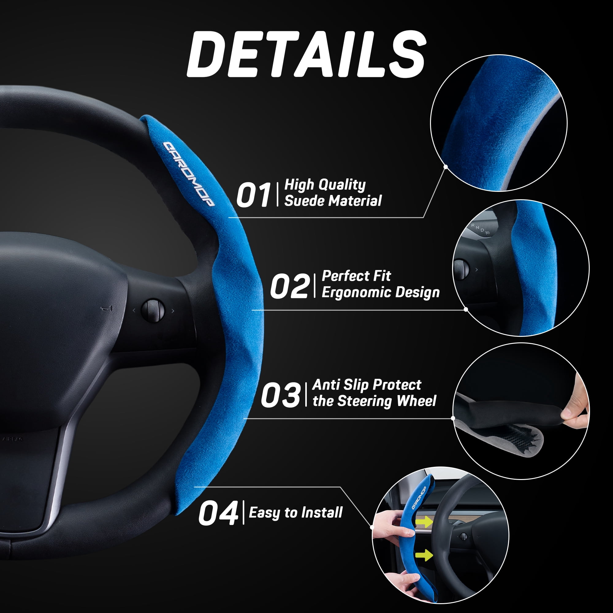 Caromop Suede Steering Wheel Cover, 14.5-15 in, Non-Slip, 2 pack, Blue