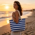 thumbnail image 2 of Hvmvliv Women Striped Canvas Beach Bag,Large Capacity Casual Tote Handbag and Shoulder Bag,Reusable Beach Purse for Beach,Travel,Shopping,Size 13.8X13in Blue, 2 of 9
