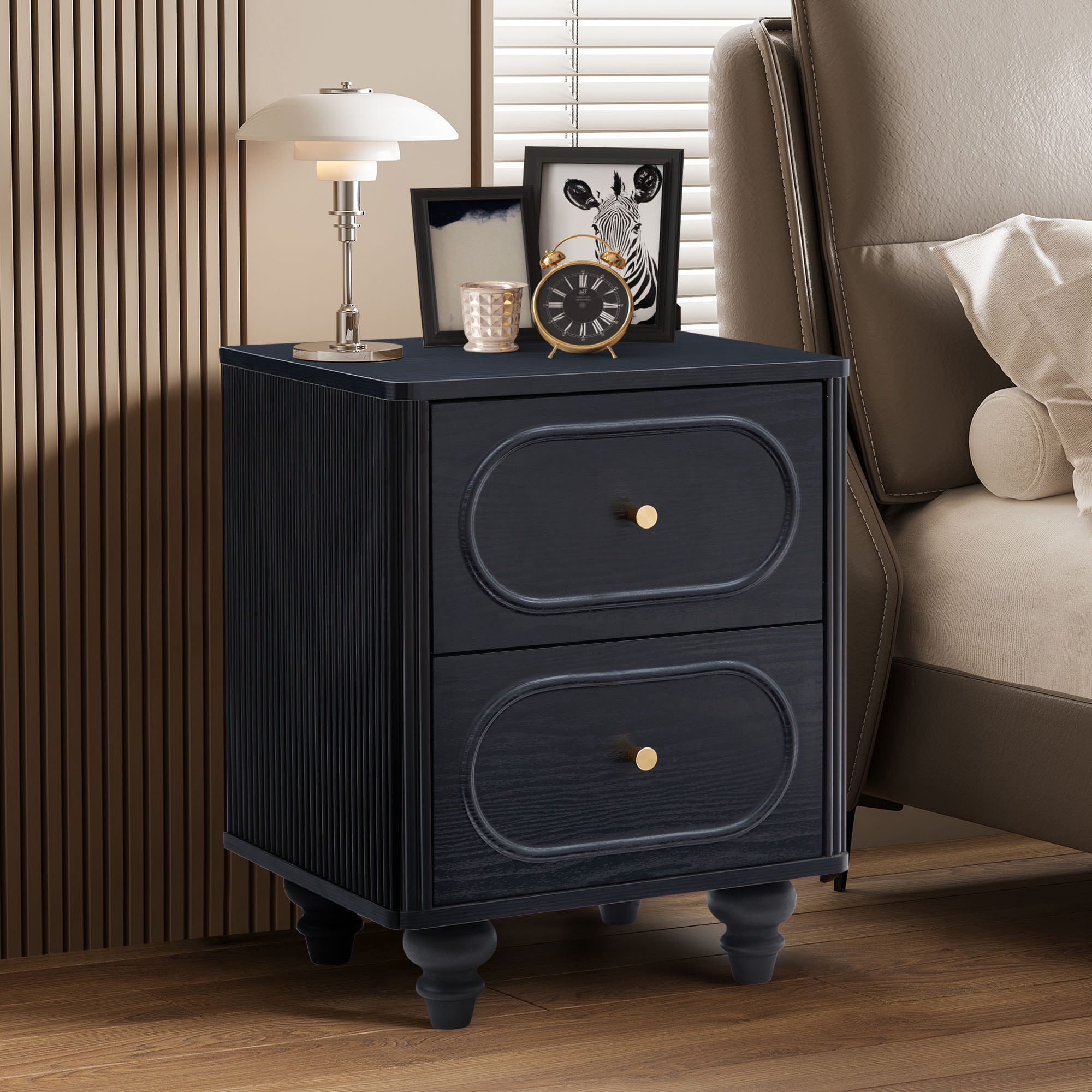 Wirrytor 2 Drawer Nightstand Set of Two, Mid Century Modern Bedside Table with Fluted Sides, Small End Table for Bedroom, Space Saving Storage Cabinet for Small Spaces, Black