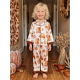 thumbnail image 4 of Cjfdfy Toddler Baby Girl Boy Thanksgivingsatin Pajamas Set Turkey Print Lapel Long Sleeve Fuzzy Trim Button Up Tops Elastic Pants Cute My First Thanksgiving Fall Winter Sleepwear 1-6Y ﻿, 4 of 9