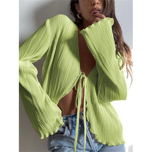 Wsevypo lisas-camisas plisadas para mujer, cárdigans acampanada de manga larga con cuello en V, Tops informales para fiesta y calle, primavera y otoño
