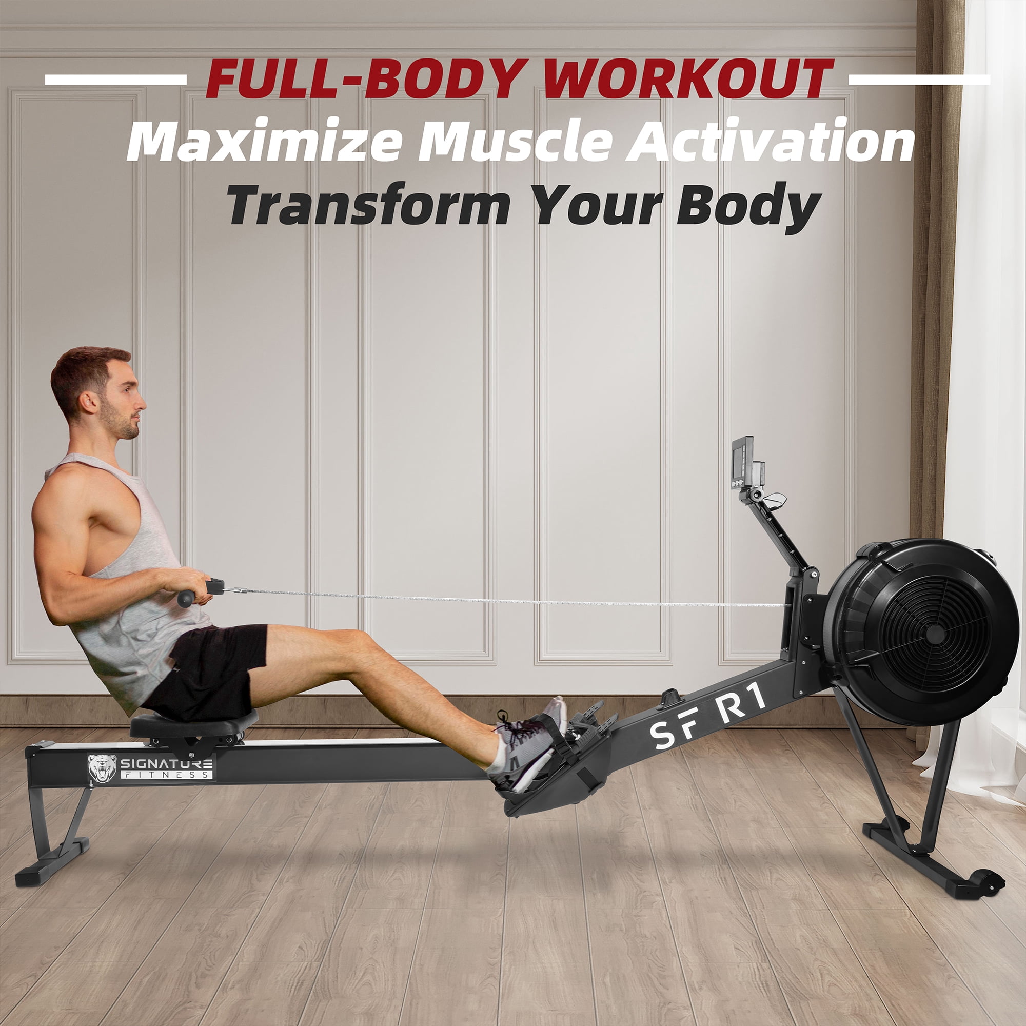 FlexWave Indoor Rowing Machine with 10-Level Wind Resistance, LCD Display, Adjustable Seat and Footrests, Quiet Operation, 330 lbs Capacity