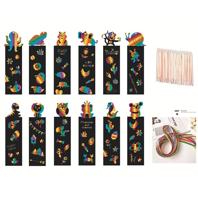 Marcapáginas con pintura para raspar con forma de animal, hecho a mano, creativo, colorido, papel para raspar, papel de arte para colgar