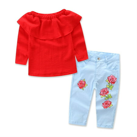2PCS Toddler Kids Baby Girls Outfits Set Red Off Shoulder T-shirt Tops+Denim Pants Jeans Clothes 1-2 Years