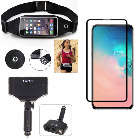 Galaxy S10e Screen Protector w Running Waist Bag w Car Charger Splitter - Tempered Glass 5D Curved Edge, Belt Band Sports Gym Workout, DC Socket 2-Port USB Power for Samsung Galaxy S10e Phone