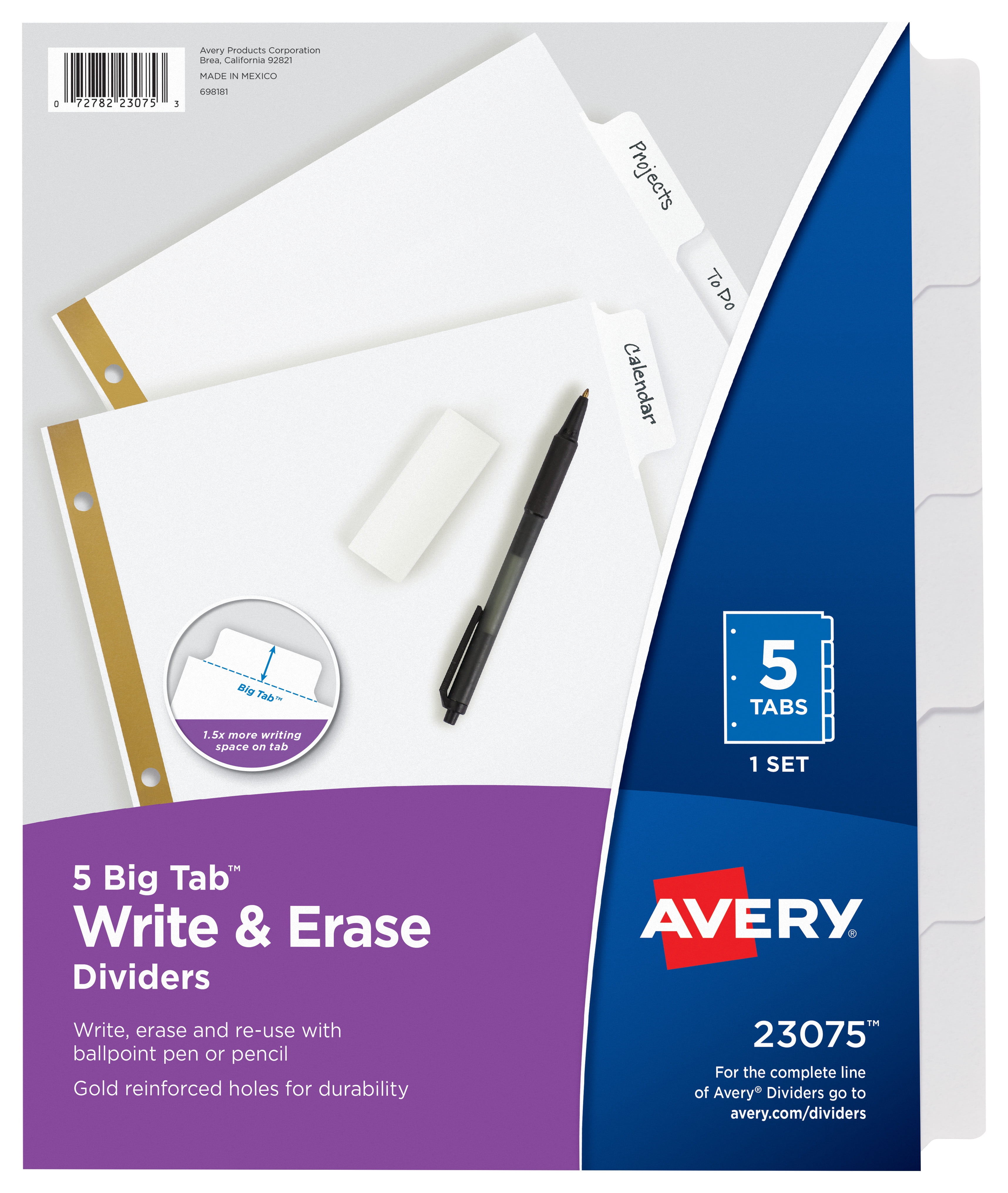 Avery Big Tab Write & Erase Dividers, White, 5Tab Set, 1 Divider Set