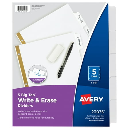 Avery Big Tab Write & Erase Dividers  5 White Tabs  1 Set (23075)