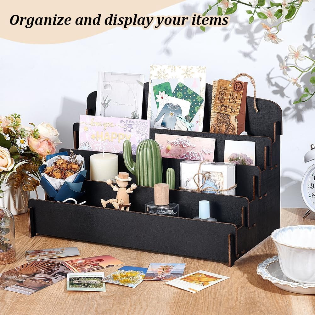 Greeting Card Display Stand Holder 4-Tier Wooden Organizer Display Rack Postcard Display Portable Birthday Card Display Sticker Display Stand for Vendors Counter Retail Display Holder Black