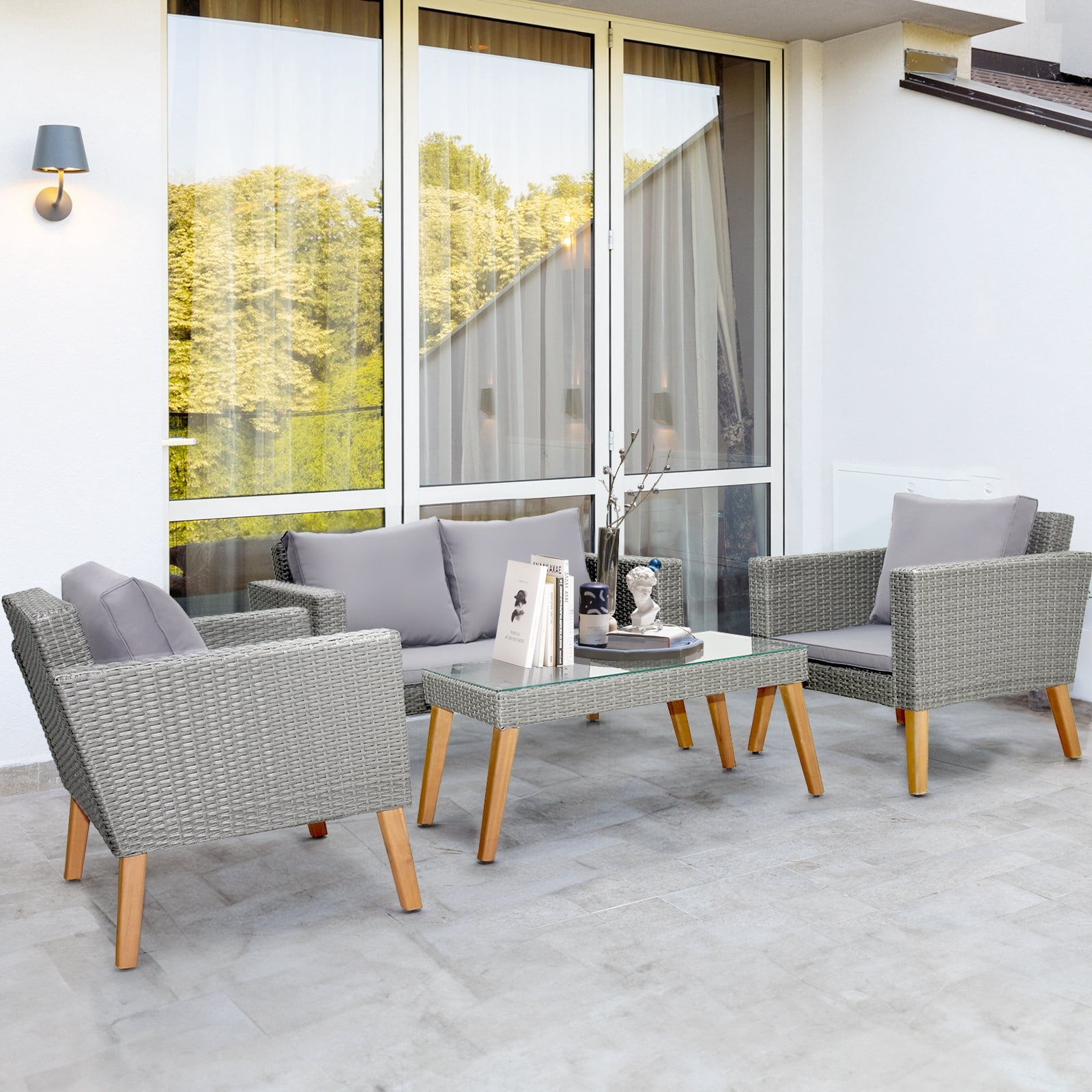 4 Pieces Outdoor Wicker Conversation Set, All-Weather Rattan Patio Furniture Sets with Arm Chairs, Tempered Glass Tabletop and Cushions, Sectional Sofa Set for Backyard, Garden, Poolside