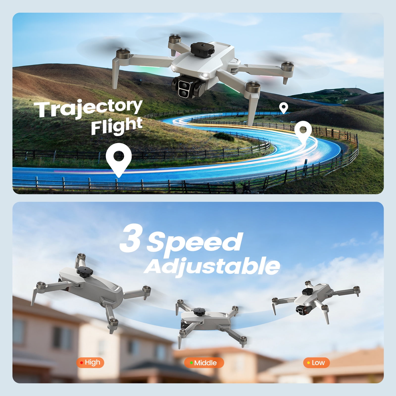Foldable Drone Built-in LCD Screen on Remote, Wefone L106 GPS Drones with Camera for Adults 4K, Lightweight, Under 249g, 2 Batteries, Gray